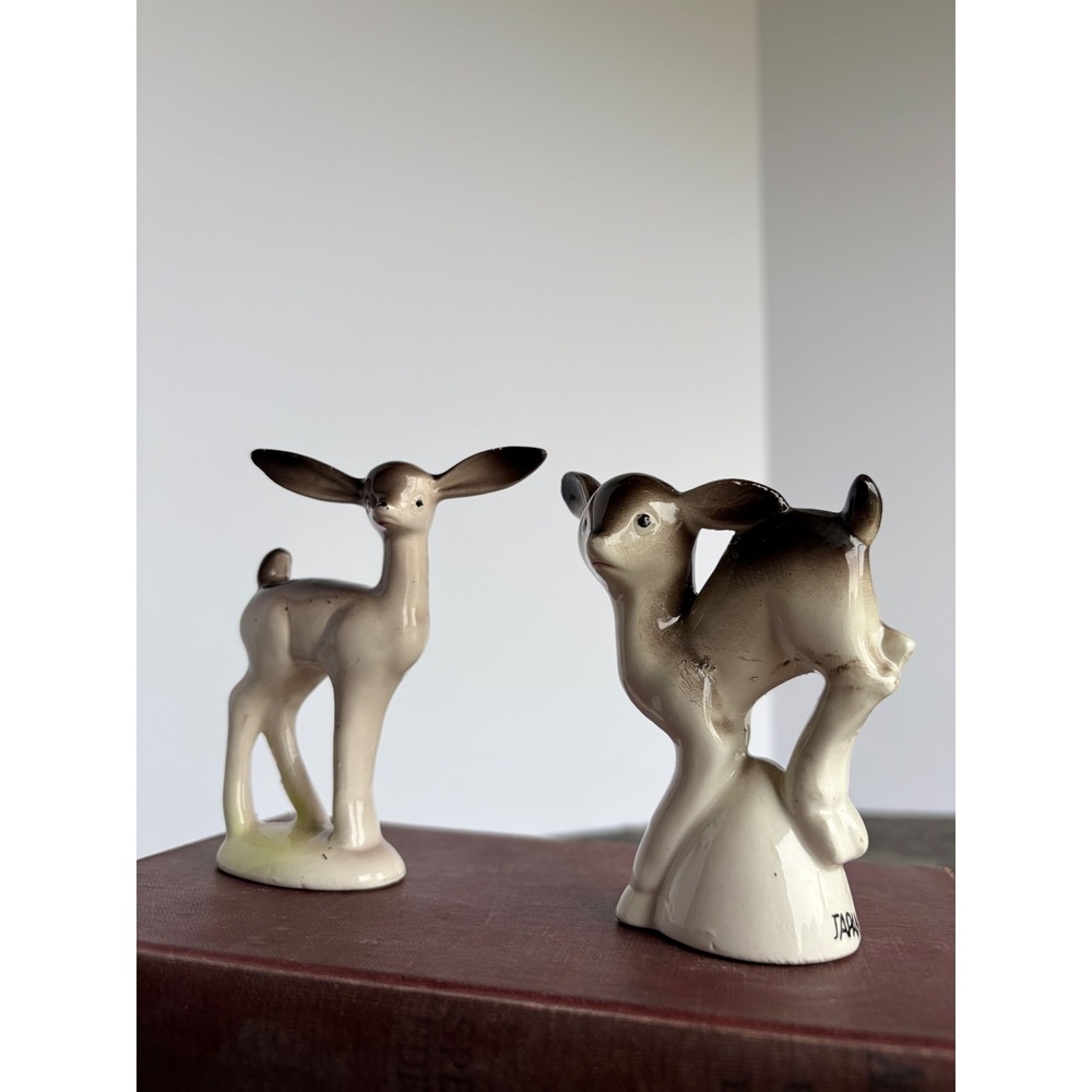 Vintage Ceramic Deer Figurines Set of 2 Mid Century Modern Fawn Japan Brown